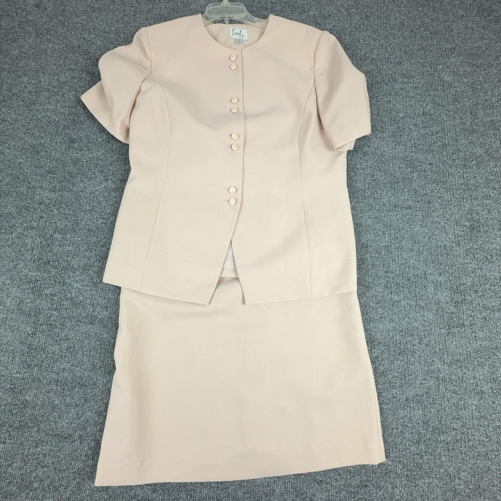Emily... Skirt Suit Set Womens 14 Pink Short Sleeve Belted Lined 2 Piece Career